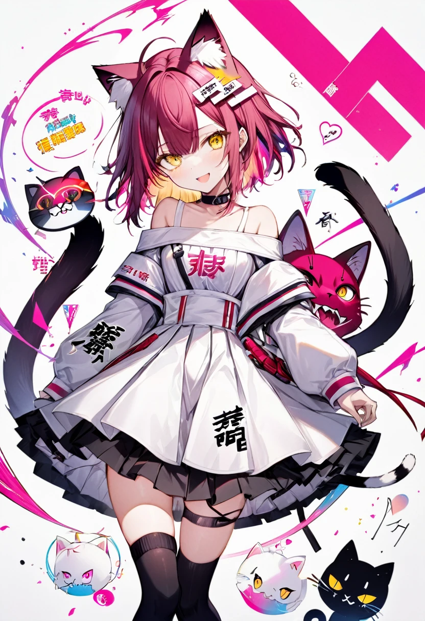 girl、Dark pink hair、(short、Rainbow gradient)、Yellow Eyes、Put the cat ear unit on your head.、Off-the-shoulder white dress(Black Line、White pleated skirt)、The letters IⅩ are inscribed on his shoulder.、Black knee-high socks、thigh、Attacks with nine protruding tails、Red Effect、Effects of electricity、Laughter、Futuristic feel