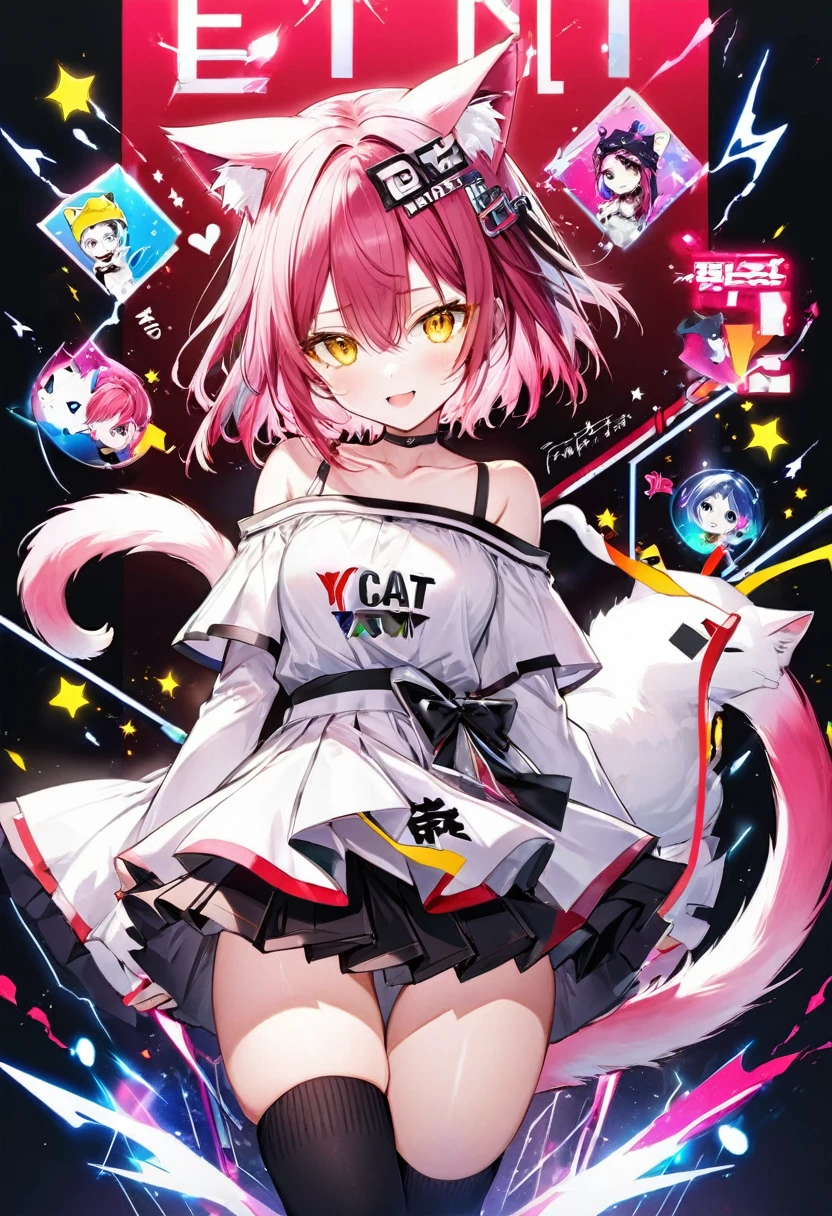 girl、Dark pink hair、(short、Rainbow gradient)、Yellow Eyes、Put the cat ear unit on your head.、Off-the-shoulder white dress(Black Line、White pleated skirt)、The letters IⅩ are inscribed on his shoulder.、Black knee-high socks、thigh、Attacks with nine protruding tails、Red Effect、Effects of electricity、Laughter、Futuristic feel