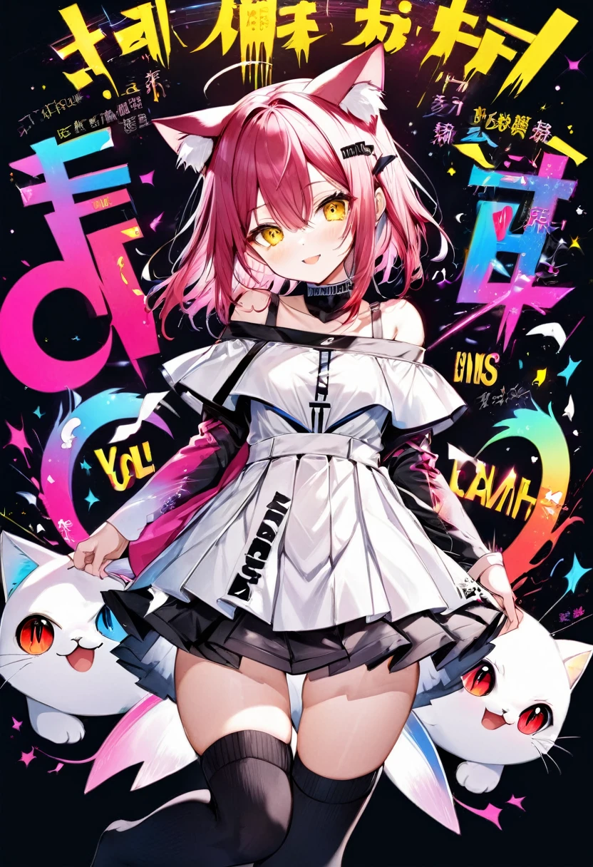 girl、Dark pink hair、（short、Rainbow gradient）、Yellow Eyes、Put the cat ear unit on your head.、Off-the-shoulder white dress（Black Line、White pleated skirt）、The letters IⅩ are inscribed on his shoulder.、Black knee-high socks、thigh、Attacks with nine protruding tails、Red Effect、Effects of electricity、Laughter、Futuristic feel
