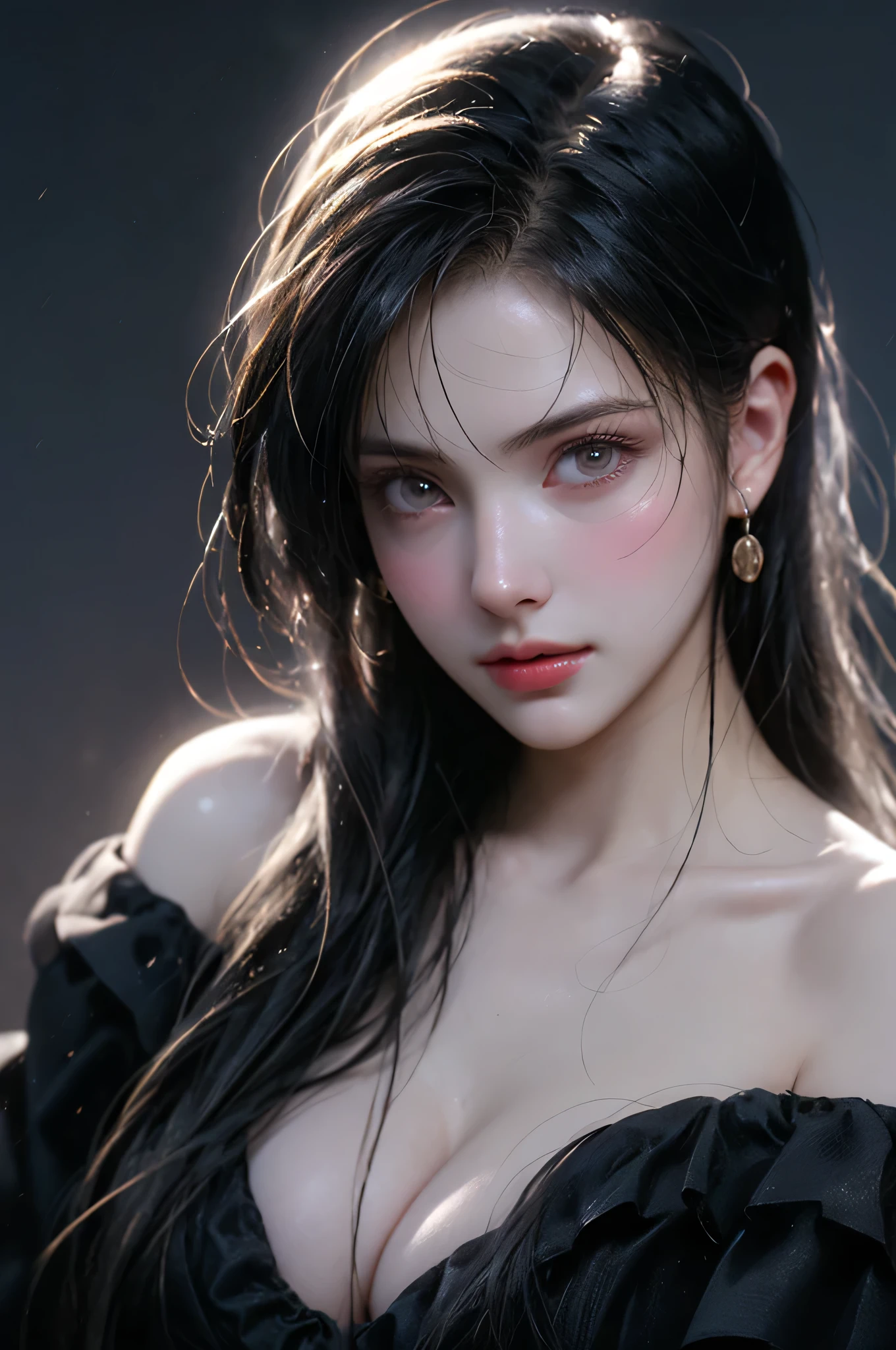 (Girl in a semi-transparent off-the-shoulder black dress)、, (photo realistic:1.4), (hyper realistic:1.4), (realistic:1.3), (smoother lighting:1.05), (increase cinematic lighting quality:0.9),. 32K, 1girl,20yo girl, realistic lighting, backlight, light on face, ray trace, (brightening light:1. 2), (increase image quality:1.4), (highest quality realistic textured skin:1.4), finely drawn eyes, finely drawn face, finely textured eyes, (tired, sleepy and satisfied:0.0), close-up of face, shirt with large cleavage visible, (enhance atmosphere of body lines:1.1), (beautiful textured skin:1.1)