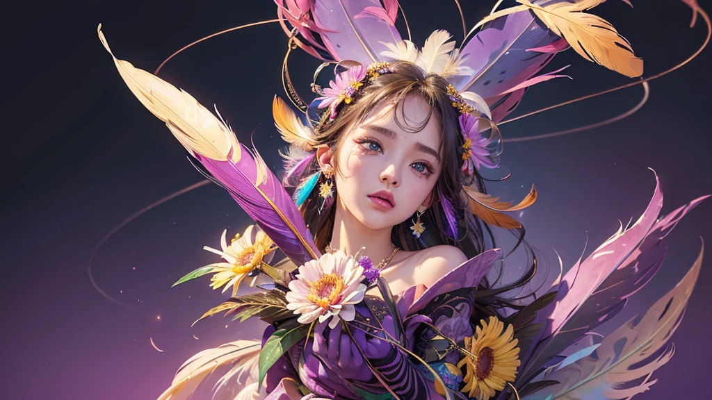 32K, 最高quality, 最高masterpiece, (ultra-Detailed Background, Detailed Background), Absurd, High resolution, Super detailed, Very detailedな, One girl, (bouquet:1.3), (Tangled:1.2), (Geometric:1.2),(colorful),(masterpiece, quality, best quality, Official Art, Beautiful and beautiful:1.2), (1 girl:1.3), Very detailed,(colorful:1.1)(Flowers:1.3),Most detailed,(Tangled:1.2), whole body, (Abstract background:1.3), (Skin glows), (Many colors:1.4), ,(Earrings Feather:1.5), Pale Purple Background,