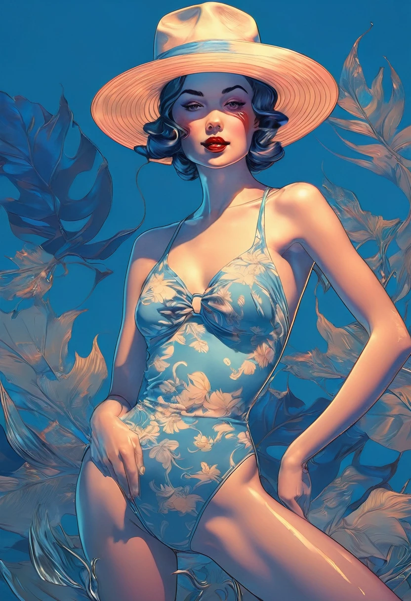 arafed woman in a blue bikini and hat posing for a picture, inspired by Vincent Lefevre, james jean andrei riabovitchev, james jean and wlop, anna dittmann alberto vargas, in retro swimsuit, james jean soft light 4k, james jean soft light 4 k, amouranth, pinup, artgerm and james jean