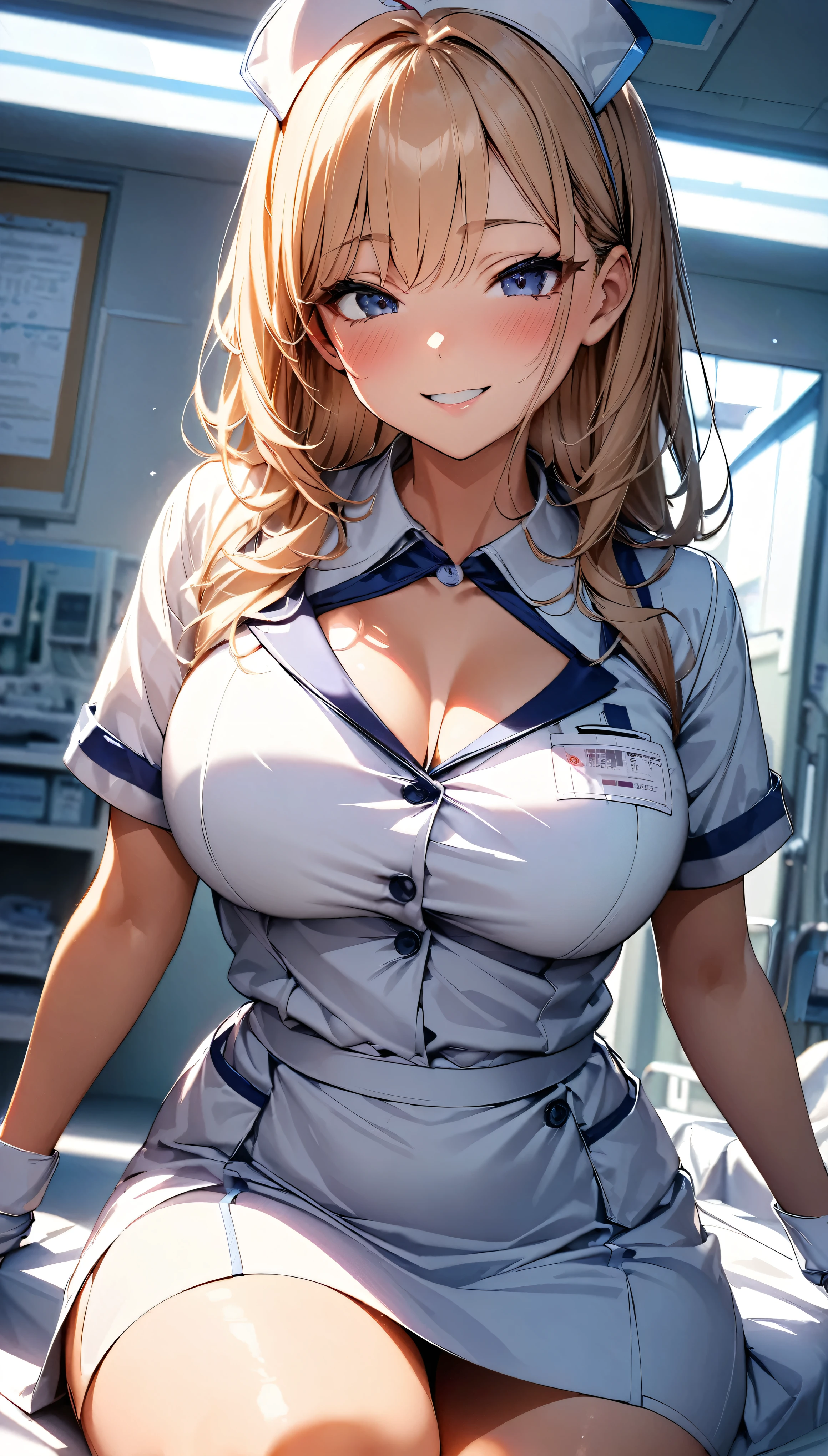 Sexy nurse, A curvaceous body, Obscene, Lust, Lustrous smile, Lustのナース, Nurse cap, incite inferiority, Obscene eyes, Lewd smile, blush, Fatty face:1.2, Beautiful nurse costume, White, Medical records at hand, squat:1.4, sit, Beautiful face details, Cowboy Shot, Pure white, Hospital room, Magnificent light effects, Dutch Angle, Focus on subtle facial details, (((Light and shadow with attention to detail, Soft Focus:1.4))), Background Blur, (Highest quality:1.2, Very detailed, Detailed illustration, High Detail, masterpiece:1.2, Best aesthetics), (((1 girl))).