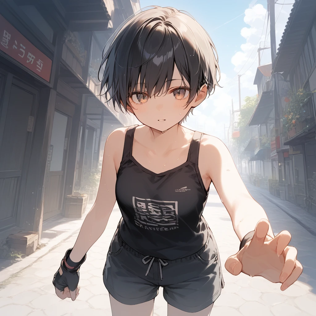 score_9, score_8_up, score_7_up, source_anime, best quality, masterpiece, official art, absurdres, highres, ultra-detailed,waifu2x,Collection: Slice of Life,break,1girl, tomboy, very short hair, pixie cut, breasts, hanme, beautiful detailed eyes, expressionless, shorts, fighting stance, sweat, parted lips, sleepily, outdoors, break,(clear line illustration:1.2), super detailed skin,very high resolution, very aesthetic, Best sexual lighting powered by famous artist, 8k,cute picture,beauty illustration,photoshop_(medium),,(Detailed Lighting),best anime 8k konachan wallpaper, pixiv contest winner,