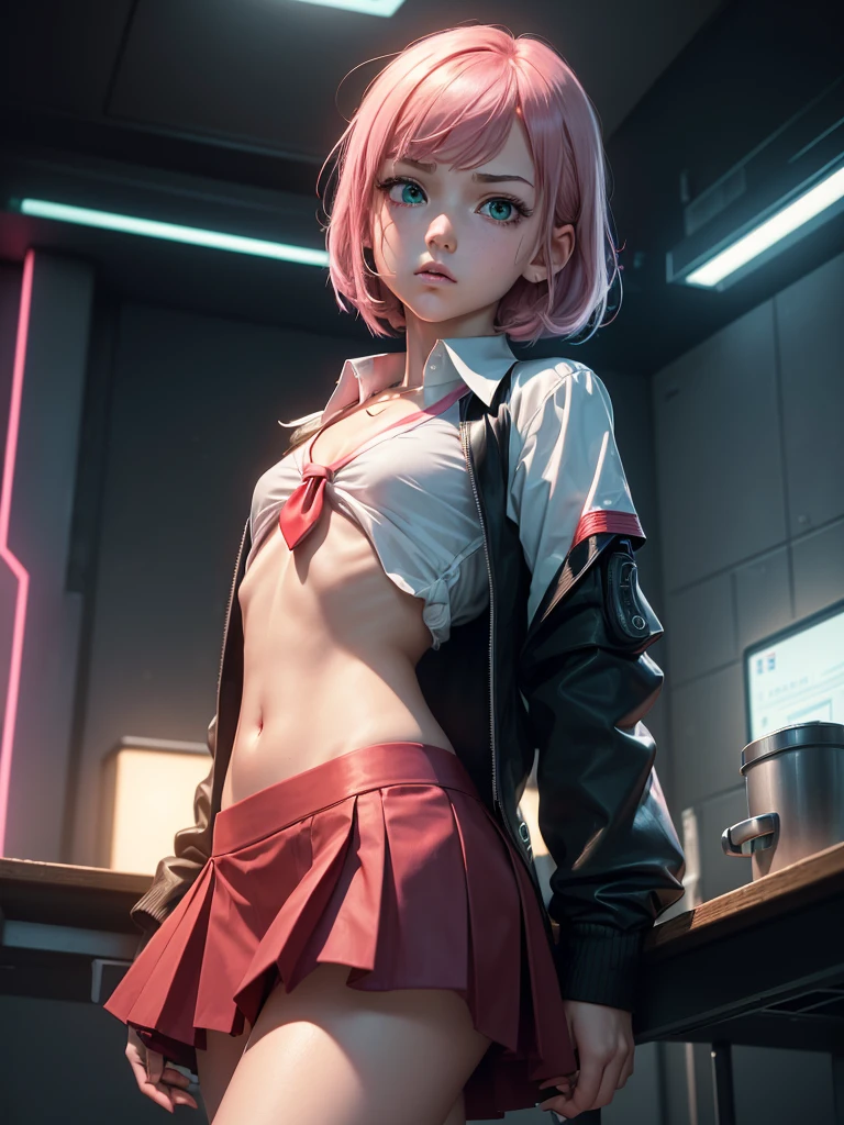 (masterpiece), (best quality), (high res), ((((Solo)))), (perfect anatomy), (young girl (), fair skin, pink hair (shoulder length), green eyes, (school uniform), (white shirt), (red tie), (black jacket), (short black mini skirt), tired, (((flat chest))), in a futuristic setting with a green light, annoyed, cyberpunk, (drinking water), best anime 4k, cybersuits, in her school, (at night), (night), ((((alone))))