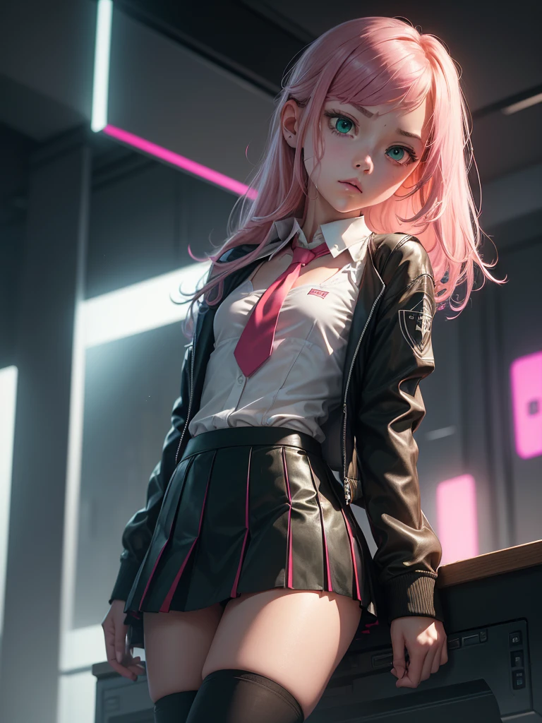 (masterpiece), (best quality), (high res), ((((Solo)))), (perfect anatomy), (young girl (), fair skin, pink hair (shoulder length), green eyes, (school uniform), white shirt, red tie, black jacket, short black mini skirt, tired, (((flat chest))), in a futuristic setting with a green light, annoyed, cyberpunk, (drinking water), best anime 4k, cybersuits, in her school, (at night), (night), ((((alone))))