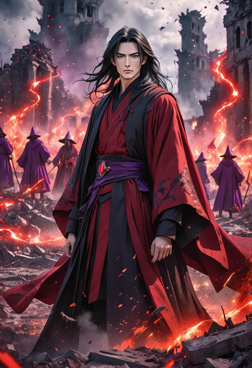 A pretty thin man dressed in dark but stylish black and red wizard robes that cover most of his skin, grey eyes, very long straight black hair, dark colors, glowing with a foreign red and purple magic, Fantasy setting, Wizard standing among ruin, standing on a battle field looking down at camera, waist up camera focus