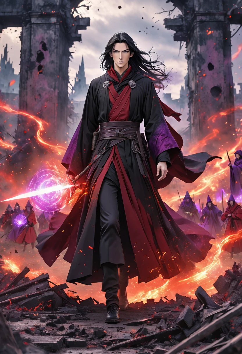 A pretty thin man dressed in dark but stylish black and red wizard robes that cover most of his skin, grey eyes, very long straight black hair, dark colors, glowing with a foreign red and purple magic, Fantasy setting, Wizard standing among ruin, standing on a battle field looking down at camera, waist up camera focus