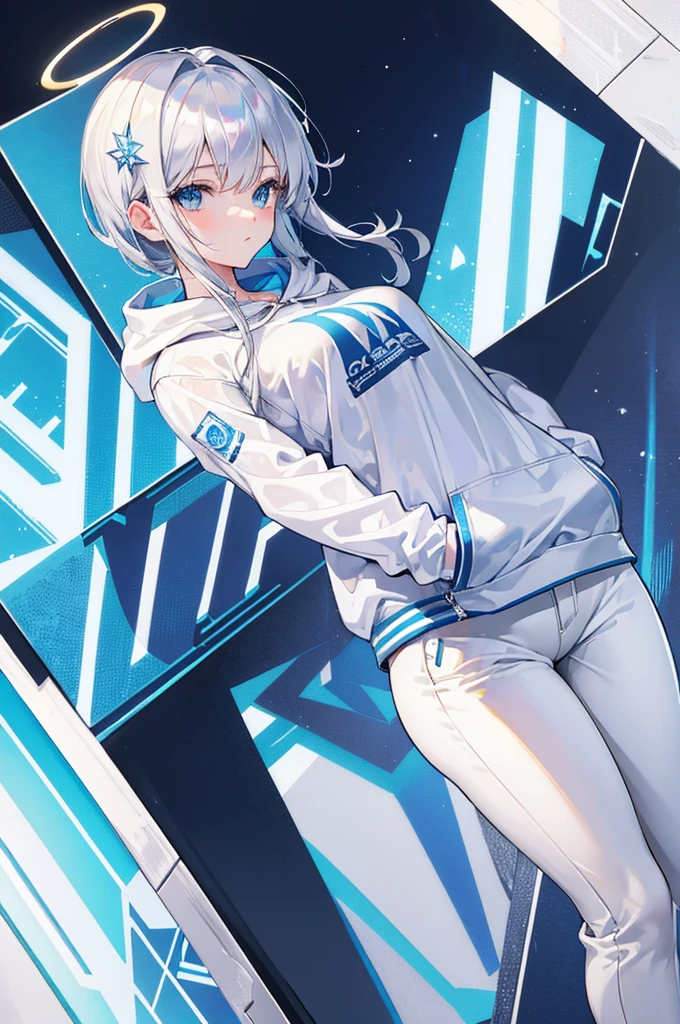 Put your hands in your pockets,Silver Hair,Blue Mesh,Blue eyes,White hoodie,I can see your thighs,Golden angel halo,One Girl,masterpiece,Highest quality,View from below,cute,I see white pants