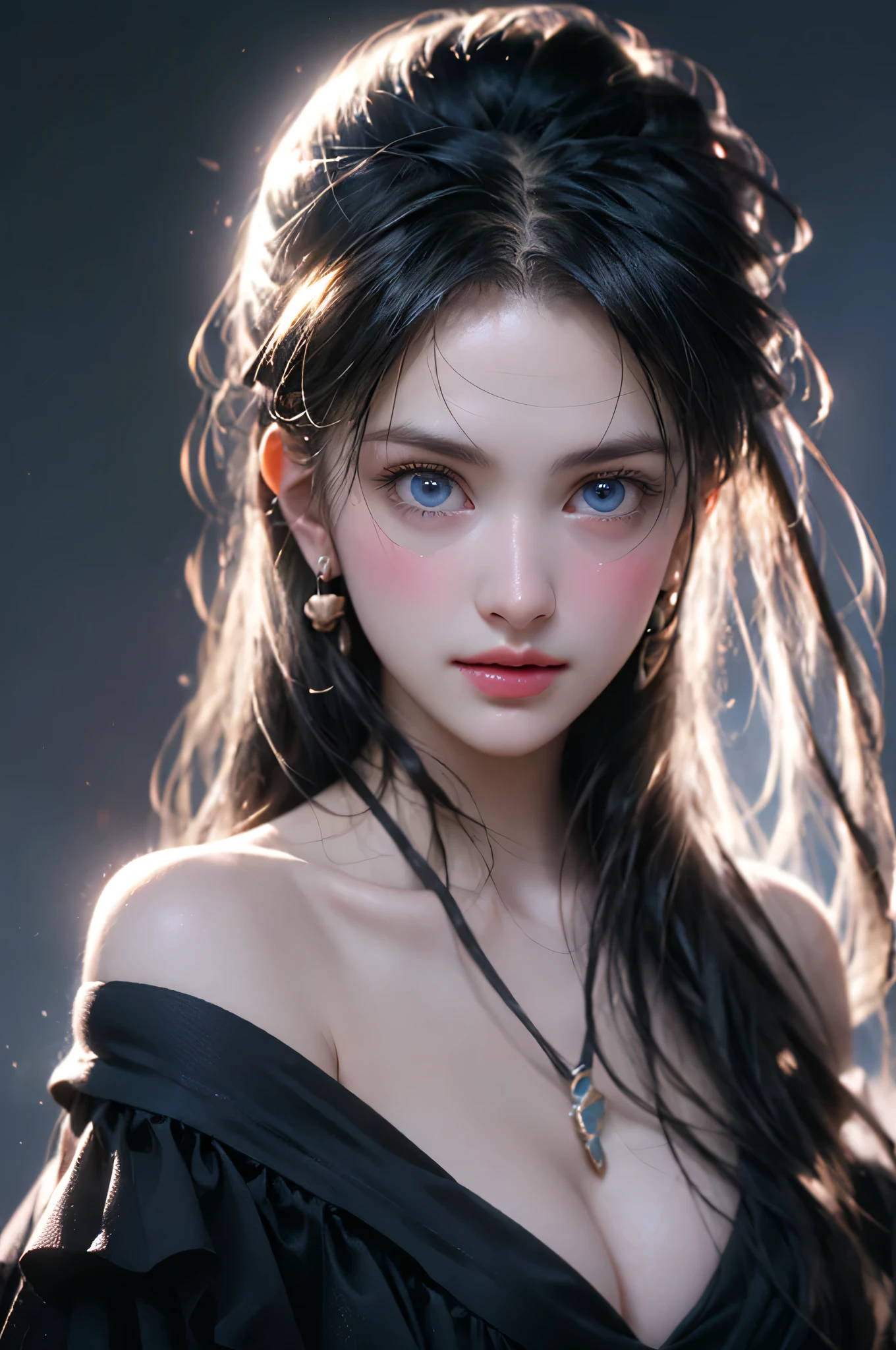 (Girl in a semi-transparent off-the-shoulder black dress)、、(フォトRealistic:1.4)、(ハイパーRealistic:1.4)、(Realistic:1.3)、(Smooth lighting:1.05)、(Improved Cinematic Lighting Quality:0.9)、.32K、1girl、20yo girl、Realistic lighting、Backlight、Face light、light、(Brightening Light:1.2)、(Improve image quality:1.4)、(Highest quality realistic skin texture:1.4)、Detailed drawn eyes、Detailed painted face、(Big Blue Eyes)、Close-up of face、A shirt that shows a large cleavage、(Enhances the body line:1.1)、(Beautiful textured skin:1.1)