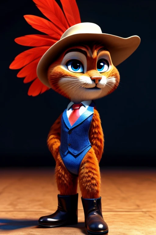 Puss in Boots, DreamWorks Animated, Leotard,((Wearing a fedora hat with a yellow feather)), 3:1 Hip to leg ratio