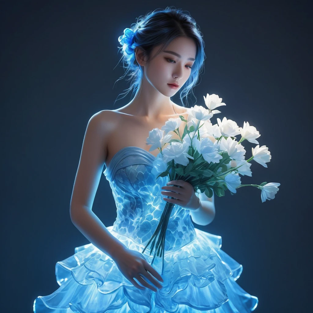 ((jewel_light element)), (Translucent luminous body_wearing a white frilly blue  silky bridesmaids dress s:1.3), (woman made of lightblue light: 1.2, Long wavy blue hairstyle with delicate features and light:1.3), (minimalism: 0.5), (Frontal close-up angle above the waist: 1.3), 4K, HDR, acid graphics, fantasy work, [Detailed and vivid faces: 0.33], (White translucent glowing body and blue hair: 1.3),(holding blue bouquets of glowing flowers),Silhouette outline and glowing beautiful girl, Understated elegance is revealed.. A calm and dignified atmosphere provides a subtle sense of luxury... gray smooth texture, stylish pose, fluorescent, glowing tattoo, bioluminescent tattoo, glowing pattern.