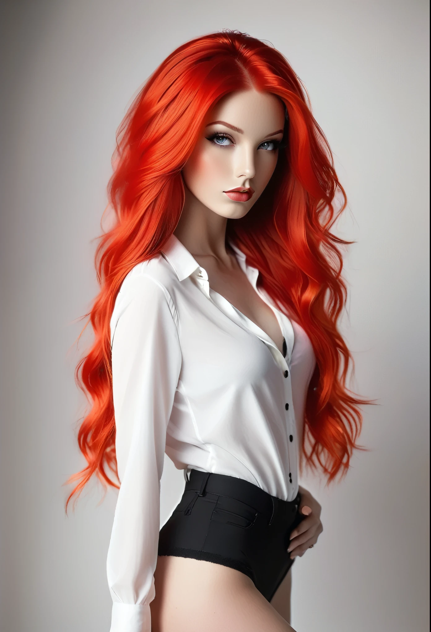 sexy female with long neon red hair (Masterpiece, best quality: 1.6), ultra feminine, )