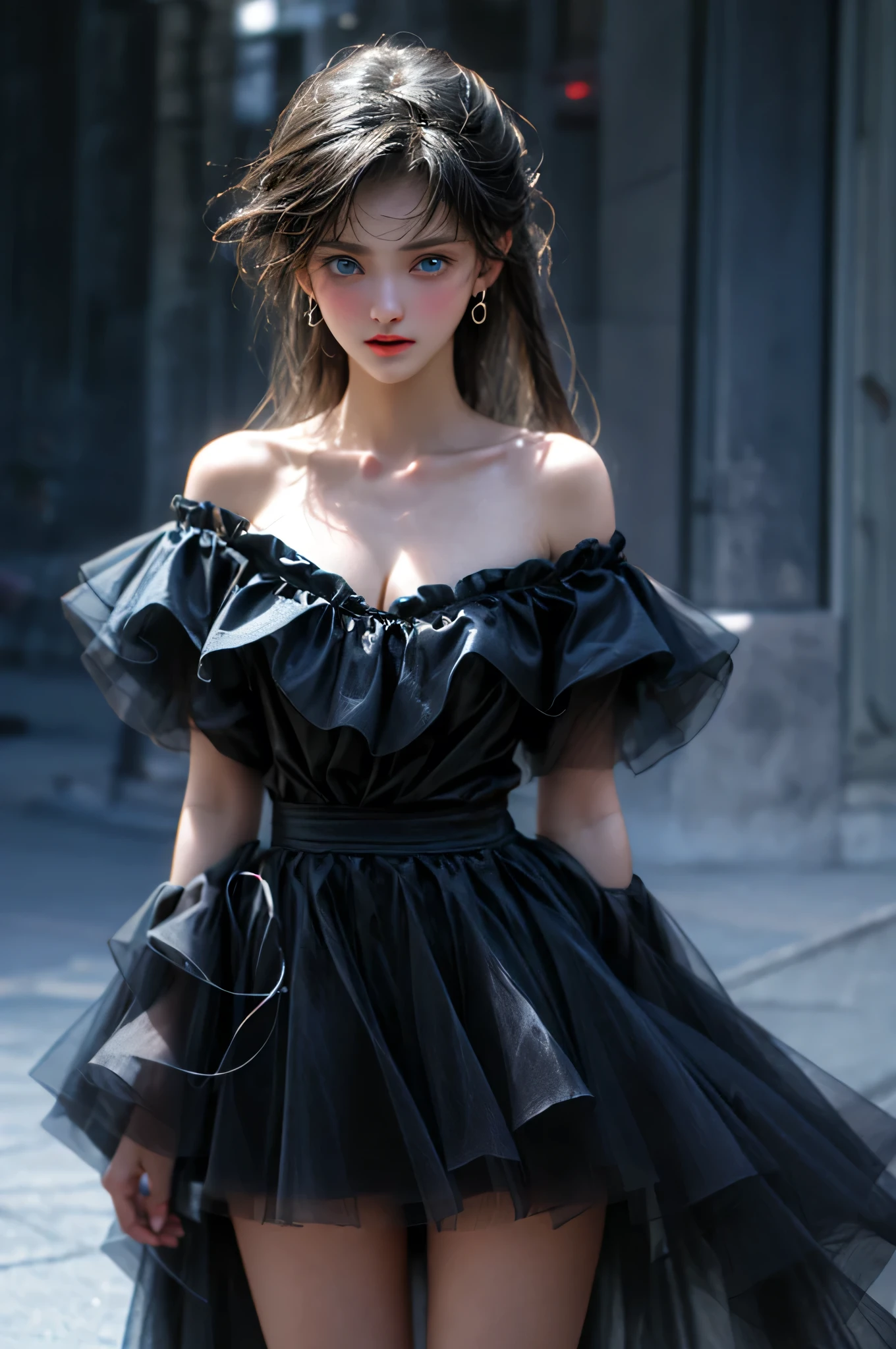 (Girl in semi-transparent off-shoulder black miniskirt dress)、, (photo realistic:1.4), (hyper realistic:1.4), (realistic:1.3), (smoother lighting:1.05), (increase cinematic lighting quality:0.9),. 32K, 1girl,20yo girl, realistic lighting, backlight, light on face, ray trace, (brightening light:1. 2), (increase image quality:1.4), (highest quality realistic textured skin:1.4),(Big Blue Eyes), finely drawn eyes, finely drawn face, finely textured eyes, (tired, sleepy and satisfied:0.0), close-up of face, shirt with large cleavage visible, (enhance atmosphere of body lines:1.1), (beautiful textured skin:1.1),(Full Body Shot)、