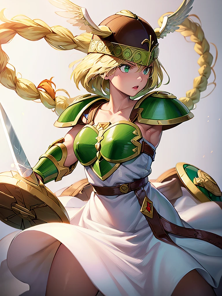 (White background,1girl:1.4),masterpiece,best quality,18yo, beautiful girl,BREAK,(Short Sword,Round Shield,Armor:1.5),(Helmet with wings:1.4),(Beautiful blonde,braid,Green Eyes:1.5),BREAK,(White Dress:1.3),(move chart:1.3),