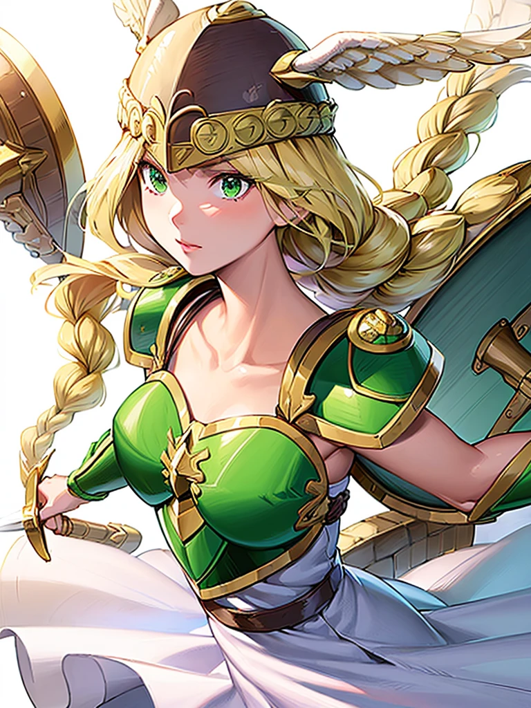 (White background,1girl:1.4),masterpiece,best quality,18yo, beautiful girl,BREAK,(Short Sword,Round Shield,Armor:1.5),(Helmet with wings:1.4),(Beautiful blonde,braid,Green Eyes:1.5),BREAK,(White Dress:1.3),(move chart:1.3),