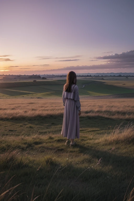 Highest quality、Landscape painting、Standing alone in the vast grassland、At dusk、Light purple sky