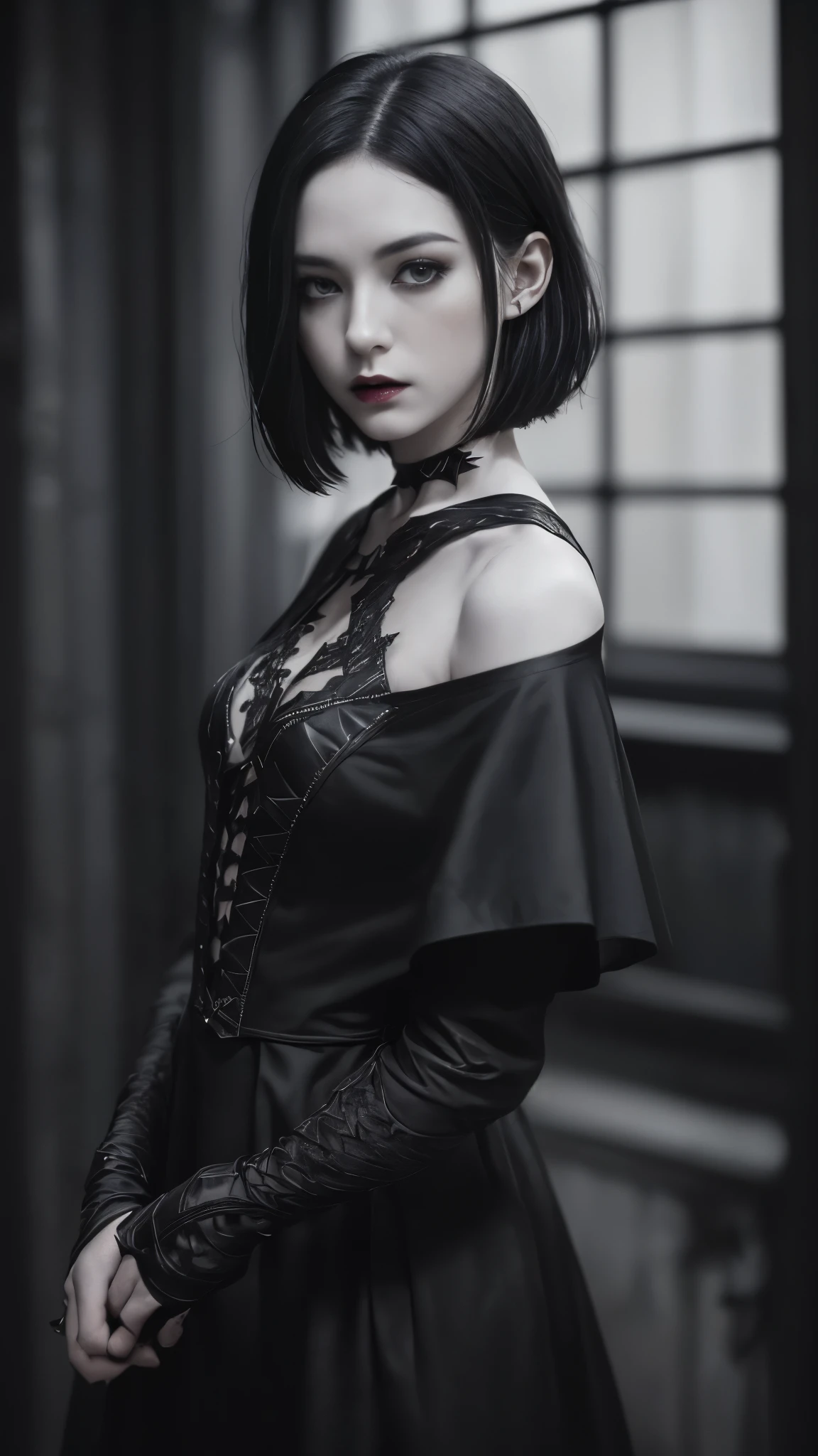 (high quality: 1.3), Cinematic shots, masterpiece, (Sharp focus: 1.5), (Realistic: 1.3), Medium portrait (Beautiful young vampire woman, Pale skin, Gothic, Still proud、Brave, Straight black short bob hair, Dark look, Wearing a very finely crafted dark tunic, Dark atmosphere, Sculpting shapes with sharp chiaroscuro), It&#39;s night, (Highly detailed skin), (Detailed face),  Detailed Background, Dim lighting, dusk lighting, Volumetric lighting, Intricate details, Ultra-high resolution,Very beautiful woman、Slender women、(Detailed face)、Realistic Skin、((Delicate photo))，(Girl Masterpiece RAW Photo Details:1.25), (最high quality:1.6), (Ultra-high resolution:1.5), (Realistic:1.75),8k resolution, ,50mm,Absurd, Ultra-detailed,Cinema Lighting、