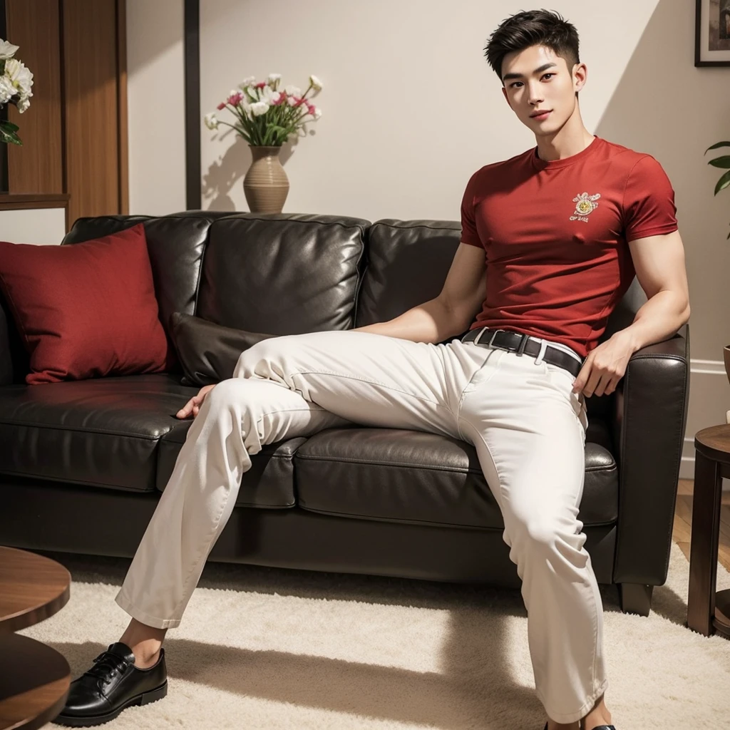 Draw lips correctly, from chest up, best quality, Super detailed, lifelike, Super fine skin, perfect anatomy, (one Handsome chinese slim guy, 20 years old, short hair), (alone),Wear a red shirt,short sleeves,white jeans、trousers,black belt,Mature,charming smile,Large living room background:sofa、flower,stand,Leg length,Chubby,Big breasts,stand up,full-body shot