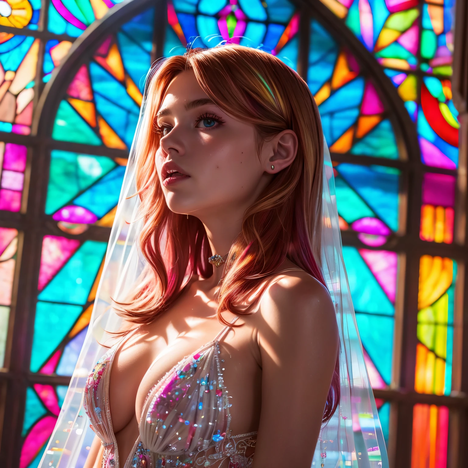 RubyRed, (ZoomedOut) ZoomLayer, TopQuality 8K masterpiece of ((Professional photo)), (((Lady Clarisse de Cagliostro))) (Detailed Delicate White WeddingDresses), Chain, Extremely detailed (KAWAII face) {VeiledFace|BlondeHair|BuleEyes}, The background is distant ((Elaborate stained glass)) Rainbow Glass, MysticSight, GodRays, Radiant PearlSkin with Transparency, (Exposed:0.32)
