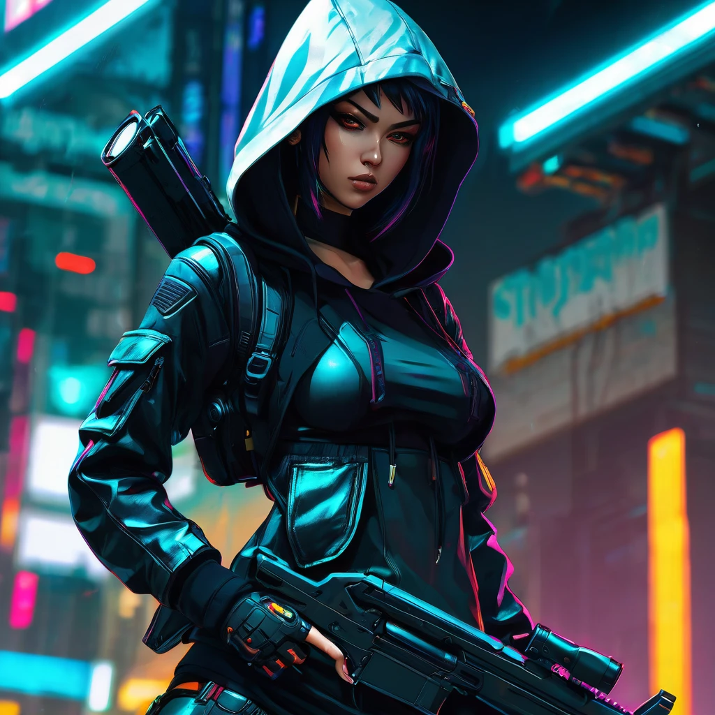 a close up of a person with a gun and a hood on, cyberpunk art, trending on Artstation, neoism, cyberpunk assassin, cyberpunk anime girl in hoodie, female assassin, mechanized soldier girl, cyberpunk anime girl mech, of a sniper girl in war, anime cyberpunk art, cyberpunk character design, full body shot, shooting stance