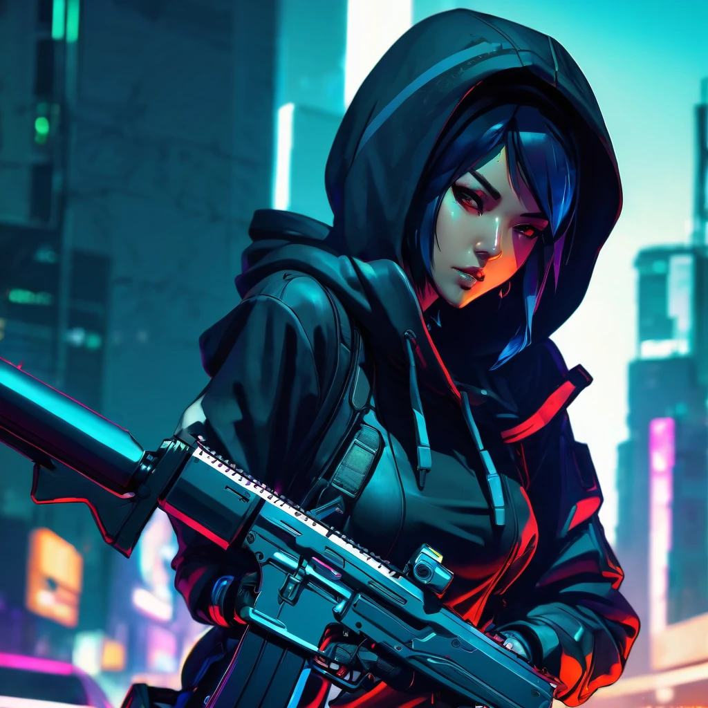 a close up of a person with a gun and a hood on, cyberpunk art, trending on Artstation, neoism, cyberpunk assassin, cyberpunk anime girl in hoodie, female assassin, mechanized soldier girl, cyberpunk anime girl mech, of a sniper girl in war, anime cyberpunk art, cyberpunk character design, full body shot, shooting stance