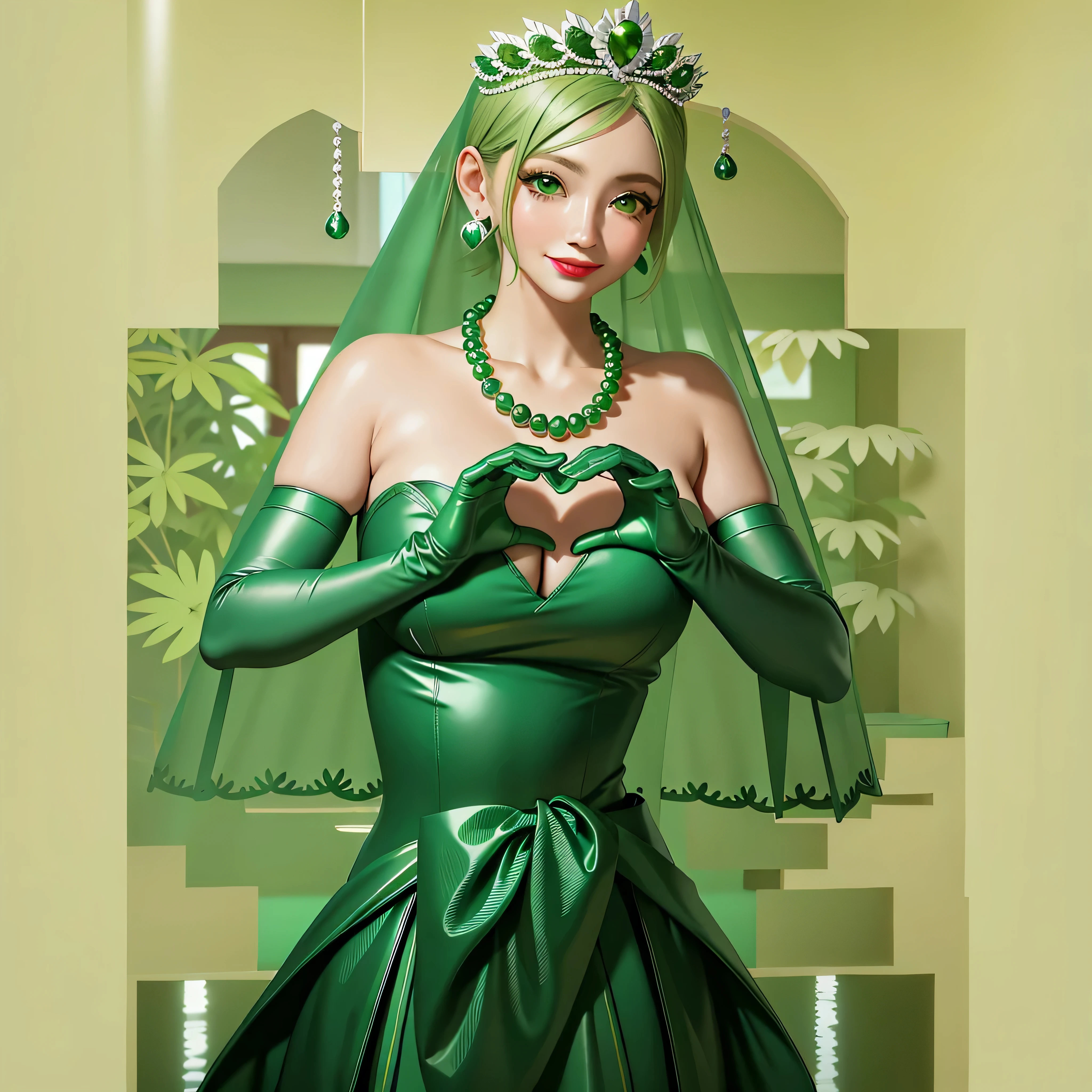 Emerald tiara, Green Pearl Necklace, Boyish very short green hair, Green Lips, Smiling Japanese woman, Very short hair, Busty beautiful lady, Green Eyes, Green satin long gloves, Green Eyes, Emerald Earrings, Green veil, Heart with both hands, Green Hair, Beautiful Japanese Women, Heart shaped hands:1.3, green lip gloss, Pregnant women