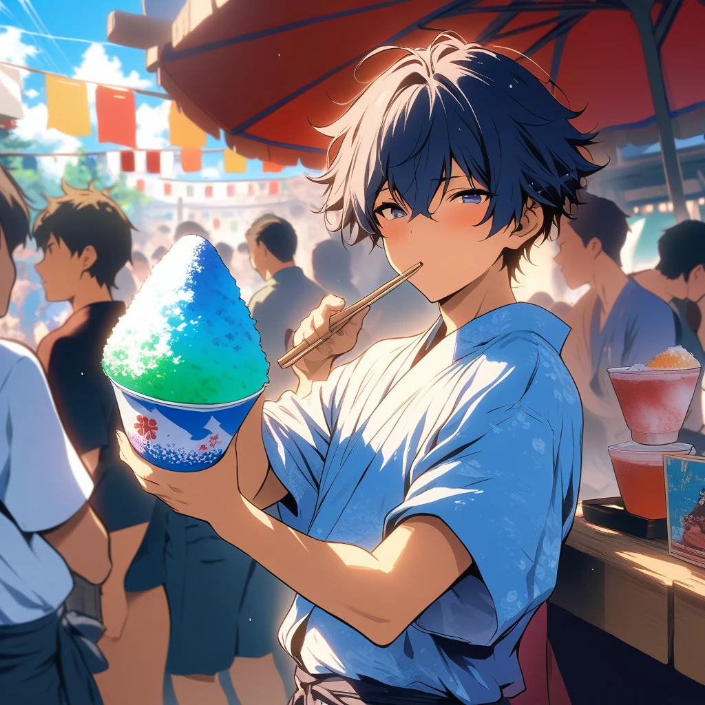 super fine illustration,masterpiece,1boy,solo,male only,shaved ice, looks fun,japanese summer festival,