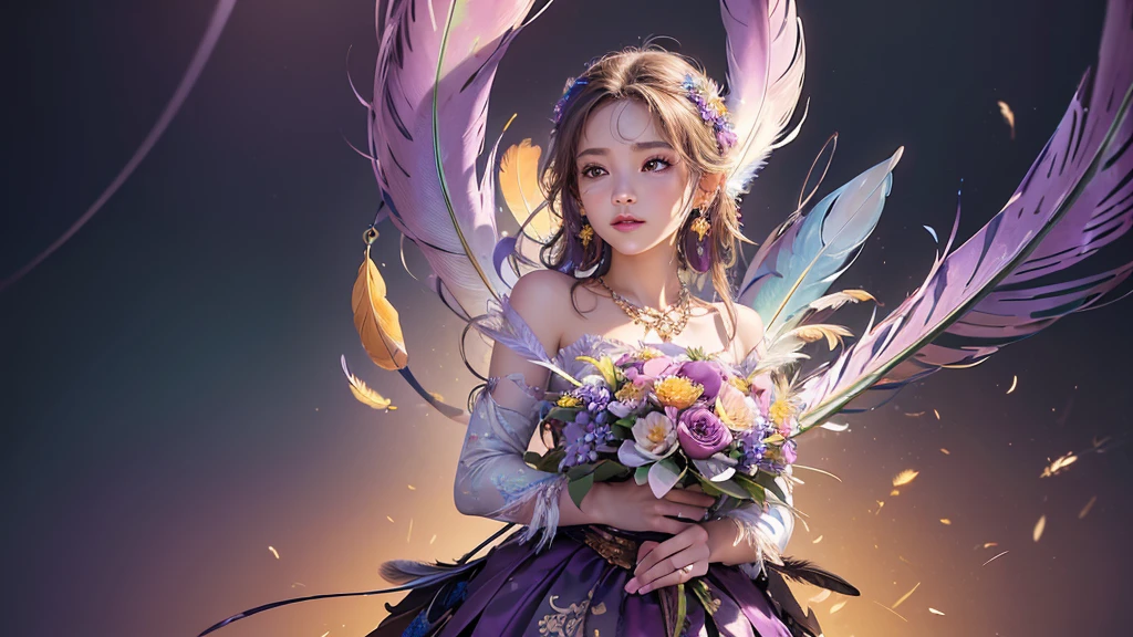 32K, 最高quality, 最高masterpiece, (ultra-Detailed Background, Detailed Background), Absurd, High resolution, Super detailed, Very detailedな, One girl, (bouquet:1.3), (Tangled:1.2), (Geometric:1.2),(colorful),(masterpiece, quality, best quality, Official Art, Beautiful and beautiful:1.2), (1 girl:1.3), Very detailed,(colorful:1.1)(Flowers:1.3),Most detailed,(Tangled:1.2), whole body, (Abstract background:1.3), (Skin glows), (Many colors:1.4), ,(Earrings Feather:1.5), Pale Purple Background,