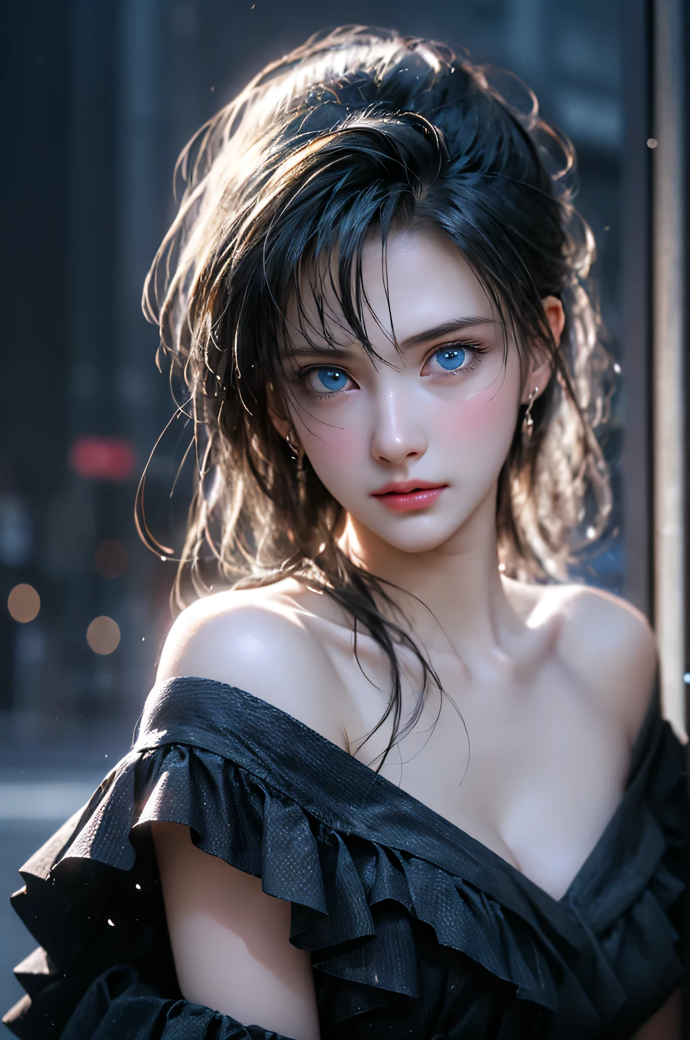 (Girl in a semi-transparent off-the-shoulder black dress)、, (photo realistic:1.4), (hyper realistic:1.4), (realistic:1.3), (smoother lighting:1.05), (increase cinematic lighting quality:0.9),. 32K, 1girl,20yo girl, realistic lighting, backlight, light on face, ray trace, (brightening light:1. 2), (increase image quality:1.4), (highest quality realistic textured skin:1.4),(Big Blue Eyes) 、finely drawn eyes, finely drawn face, finely textured eyes, (tired, sleepy and satisfied:0.0), close-up of face, shirt with large cleavage visible, (enhance atmosphere of body lines:1.1), (beautiful textured skin:1.1)