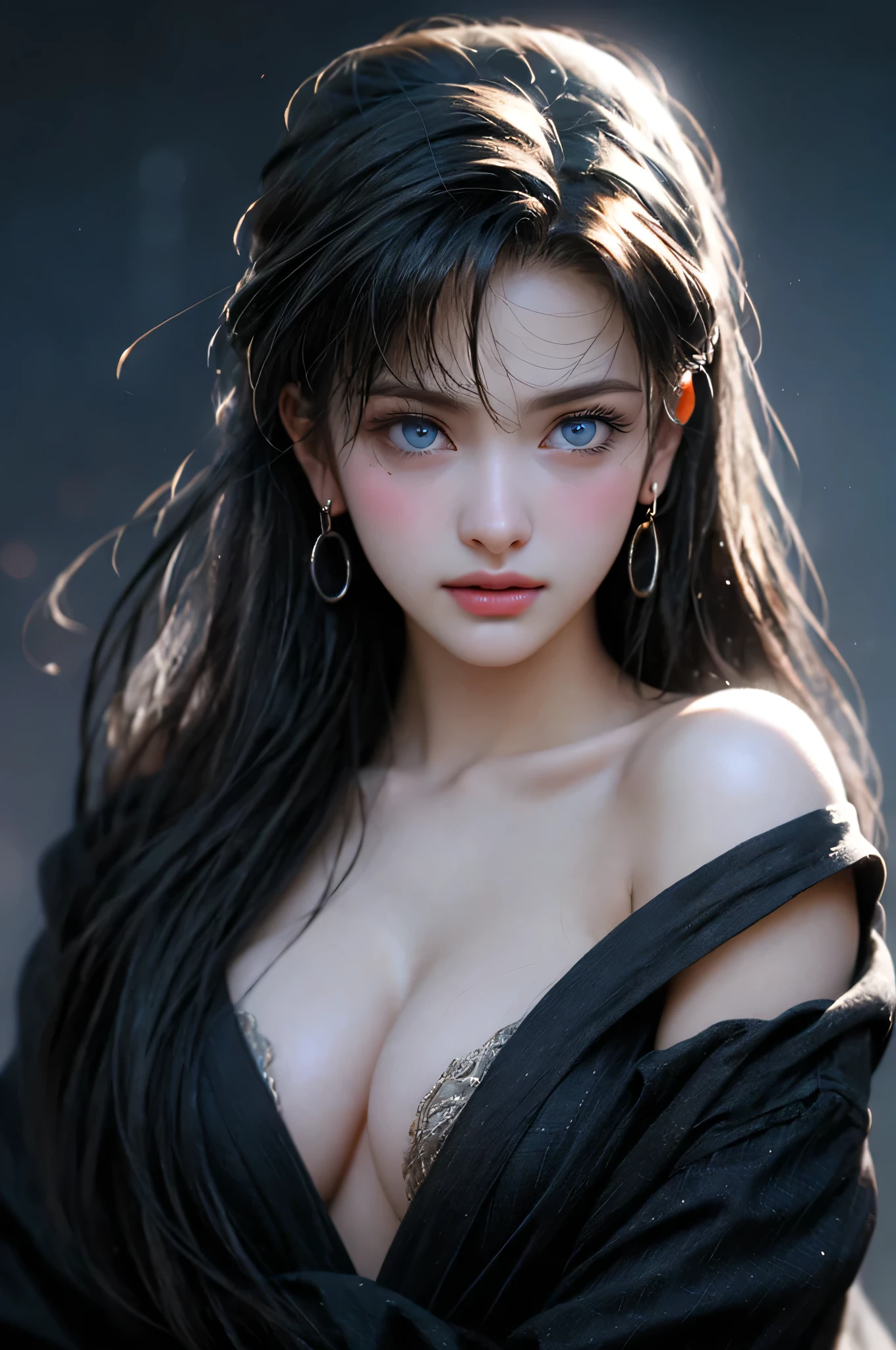 (Girl in a semi-transparent off-the-shoulder black dress)、, (photo realistic:1.4), (hyper realistic:1.4), (realistic:1.3), (smoother lighting:1.05), (increase cinematic lighting quality:0.9),. 32K, 1girl,20yo girl, realistic lighting, backlight, light on face, ray trace, (brightening light:1. 2), (increase image quality:1.4), (highest quality realistic textured skin:1.4),(Big Blue Eyes) 、finely drawn eyes, finely drawn face, finely textured eyes, (tired, sleepy and satisfied:0.0), close-up of face, shirt with large cleavage visible, (enhance atmosphere of body lines:1.1), (beautiful textured skin:1.1)