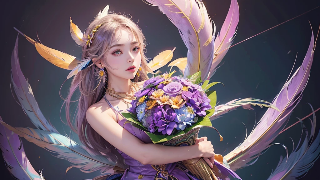 32K, 最高quality, 最高masterpiece, (ultra-Detailed Background, Detailed Background), High resolution, Super detailed, Very detailedな, 1 personの, (bouquet:1.3), (Tangled:1.2), (Geometric:1.2),(colorful),(masterpiece, quality, best quality, Official Art, Beautiful and beautiful:1.2), (1 person:1.3), Very detailed,(colorful:1.1)(Flowers:1.3),Most detailed,(Tangled:1.2), whole body, (Abstract background:1.3), (Skin glows), (Many colors:1.4), ,(Earrings Jewelry:1.5), Light Blue Background,