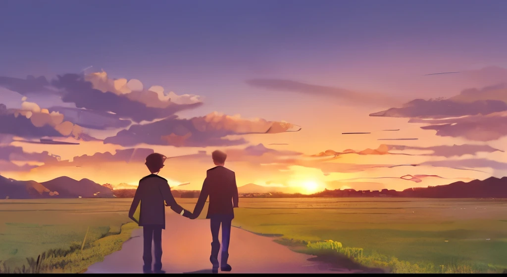 tmasterpiece, Best Picture Quality, Romantic sunset, Four characters: Children and couple strolling on field paths, Aesthetic style, The view includes the landscape。
