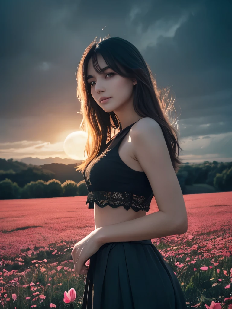 masterpiece, Highest quality,Ultra high definition, One girl,beautiful girl, (colorful),(Beautifully detailed eyes and face), Soft skin texture, Cinematic Lighting, Bust Shot, Highly detailed 8k raw photos:1.5, Brunette, alone, smile, Complex skirt, ((Flying petals)),(Flowery meadow), null, cloudy_null, building, moonLight, moon, night, (Dark Theme:1.3), Light, Fantasy,