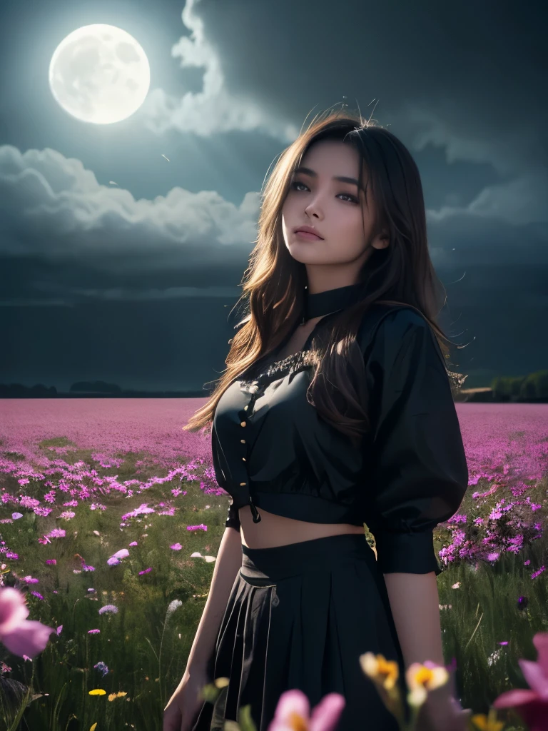 masterpiece, Highest quality,Ultra high definition, One girl,beautiful girl, (colorful),(Beautifully detailed eyes and face), Soft skin texture, Cinematic Lighting, Bust Shot, Highly detailed 8k raw photos:1.5, Brunette, alone, smile, Complex skirt, ((Flying petals)),(Flowery meadow), null, cloudy_null, building, moonLight, moon, night, (Dark Theme:1.3), Light, Fantasy,