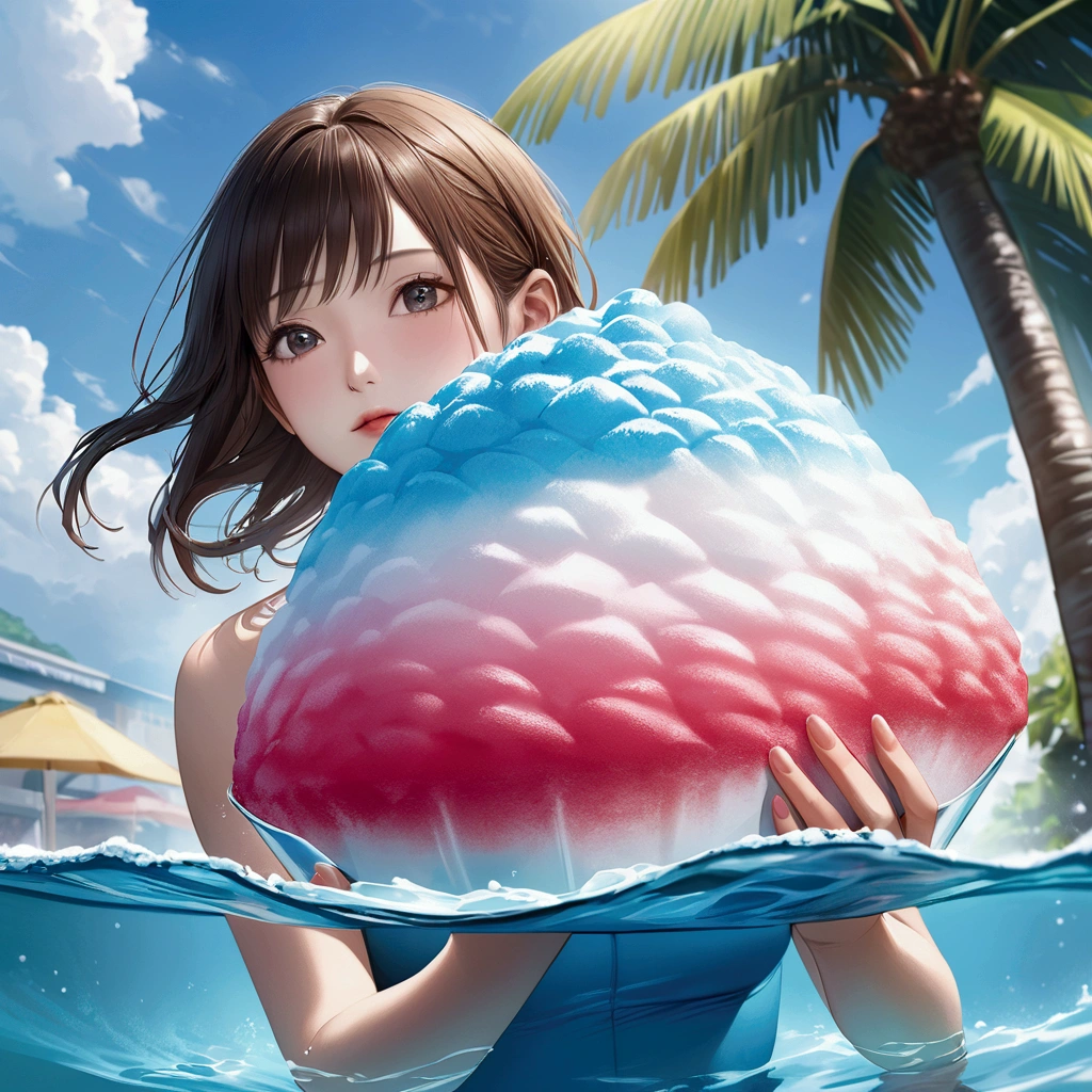1girl、Eating a popsicle、Black Hair、Pigtails、Navy blue school swimsuit、Brown Skin、Red polka dot swim ring、Red underwater goggles、Ocean、Perfect hands、deep faint light 、 detailed CG、high resolution
