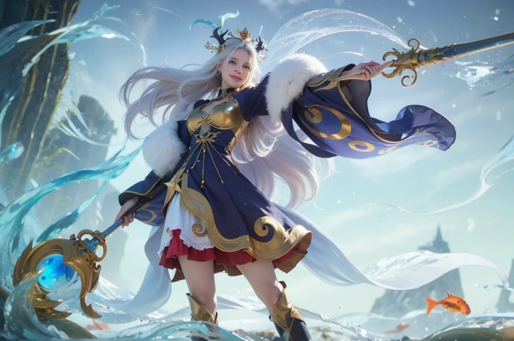 a woman in a blue dress with a star on her head, A woman with long white hair, A woman with smile, long white hair covering her body , sorceress, mage, queen, beautiful celestial mage, white haired, water background and fish, goddess of winter, queen of winter, Ultra Detailing, Ultra Hd, Ultra Realistic, Hyper Realistic, 8k, 4k ultra hd.