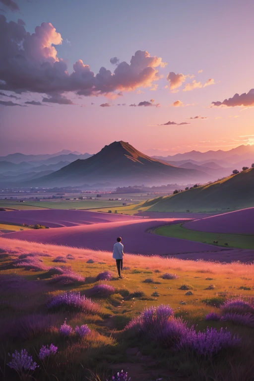 Highest quality、Landscape painting、Standing alone in the vast grassland、At dusk、Light purple sky