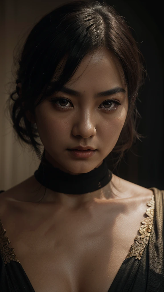 Renaissance portrait, hand-tinted in sepia tones, asian woman with perfect hands, short black bobbed hair, detailed face and eyes, moody and aged texture, red lips, Rubens style, scattered light, golden ratio composition, matte painting technique, 3D effect, high quality model, intricate artwork, ominous atmosphere, production cinematic character render, trending on CGSociety and ArtStation, inspired by Artgerm, H.R. Giger, and Beksinski,, Miki Asai Macro photography, close-up, hyper detailed, t