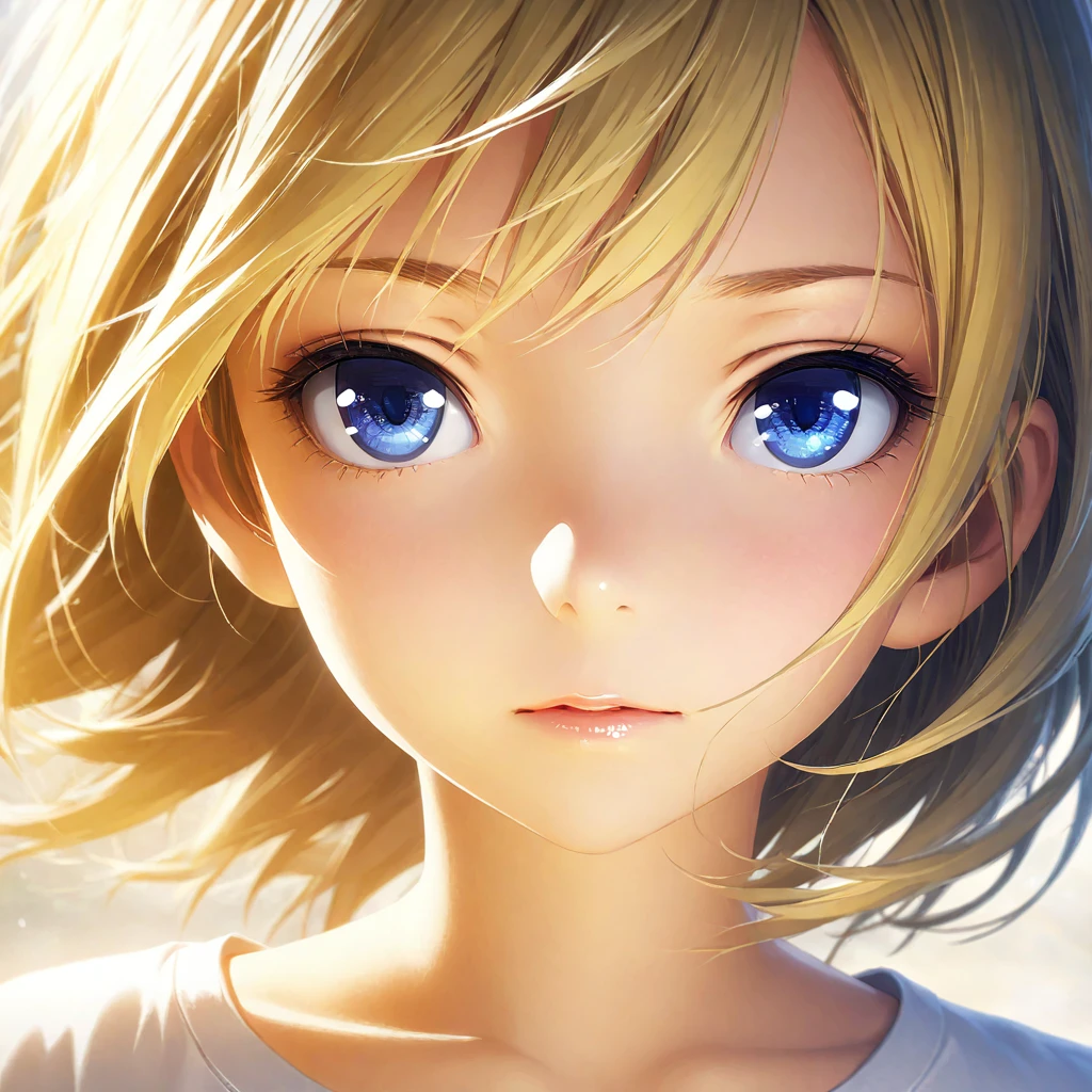 portrait, Practical, blue eyes, Blonde hair, Mid-chest, 4K resolution, High quality CG, Beautiful CG, Soft Light, Octane Rendering, white t-shirt,distant, front, direct gaze, frontal view, headshot