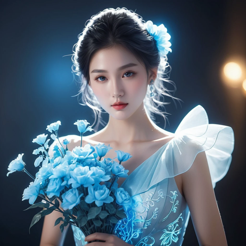 ((jewel_light element)), (Translucent luminous body_wearing a white frilly blue  silky bridesmaids dress s:1.3), (woman made of lightblue light: 1.2, Long wavy blue hairstyle with delicate features and light:1.3), (minimalism: 0.5), (Frontal close-up angle above the waist: 1.3), 4K, HDR, acid graphics, fantasy work, [Detailed and vivid faces: 0.33], (White translucent glowing body and blue hair: 1.3),(holding blue bouquets of glowing flowers),Silhouette outline and glowing beautiful girl, Understated elegance is revealed.. A calm and dignified atmosphere provides a subtle sense of luxury... gray smooth texture, stylish pose, fluorescent, glowing tattoo, bioluminescent tattoo, glowing pattern.