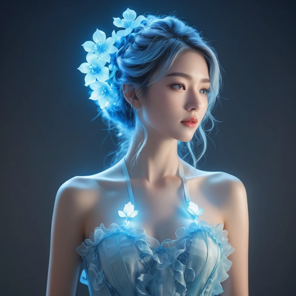 ((jewel_light element)), (Translucent luminous body_wearing a white frilly blue  silky bridesmaids dress s:1.3), (woman made of lightblue light: 1.2, Long wavy blue hairstyle with delicate features and light:1.3), (minimalism: 0.5), (Frontal close-up angle above the waist: 1.3), 4K, HDR, acid graphics, fantasy work, [Detailed and vivid faces: 0.33], (White translucent glowing body and blue hair: 1.3),(holding blue bouquets of glowing flowers),Silhouette outline and glowing beautiful girl, Understated elegance is revealed.. A calm and dignified atmosphere provides a subtle sense of luxury... gray smooth texture, stylish pose, fluorescent, glowing tattoo, bioluminescent tattoo, glowing pattern.