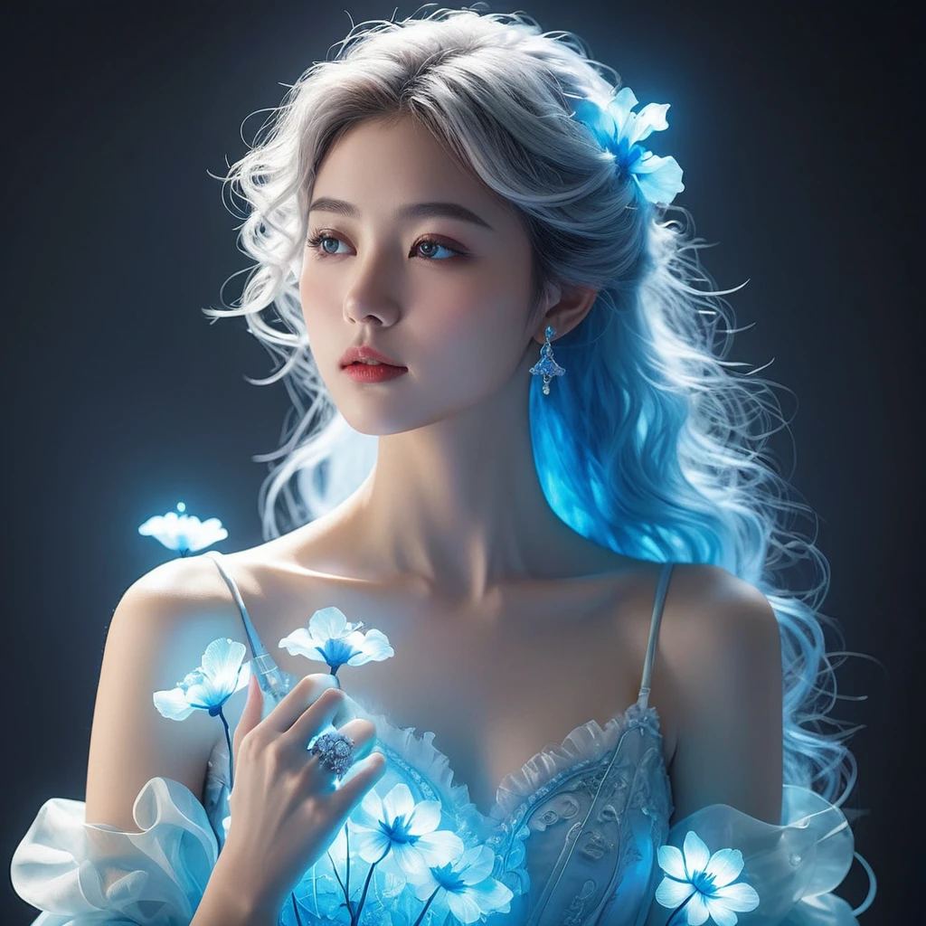 ((jewel_light element)), (Translucent luminous body_wearing a white frilly blue  silky bridesmaids dress s:1.3), (woman made of lightblue light: 1.2, Long wavy blue hairstyle with delicate features and light:1.3), (minimalism: 0.5), (Frontal close-up angle above the waist: 1.3), 4K, HDR, acid graphics, fantasy work, [Detailed and vivid faces: 0.33], (White translucent glowing body and blue hair: 1.3),(holding blue bouquets of glowing flowers),Silhouette outline and glowing beautiful girl, Understated elegance is revealed.. A calm and dignified atmosphere provides a subtle sense of luxury... gray smooth texture, stylish pose, fluorescent, glowing tattoo, bioluminescent tattoo, glowing pattern.