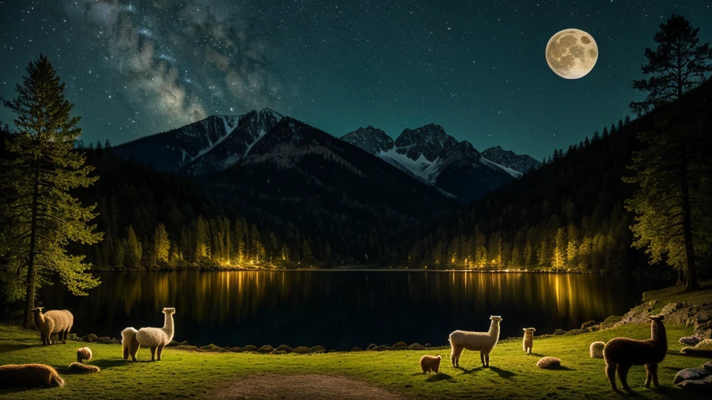 ((best quality)), ((masterpiece)), (detailed), full moon night, in the wood with a lake, alpaca sleeping, landscape