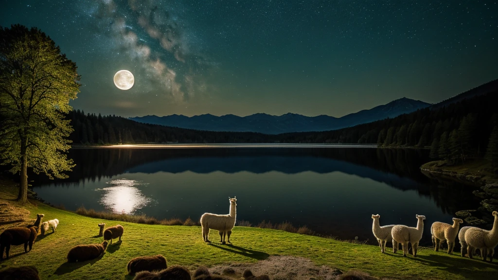 ((best quality)), ((masterpiece)), (detailed), full moon night, in the wood with a lake, alpaca sleeping, landscape