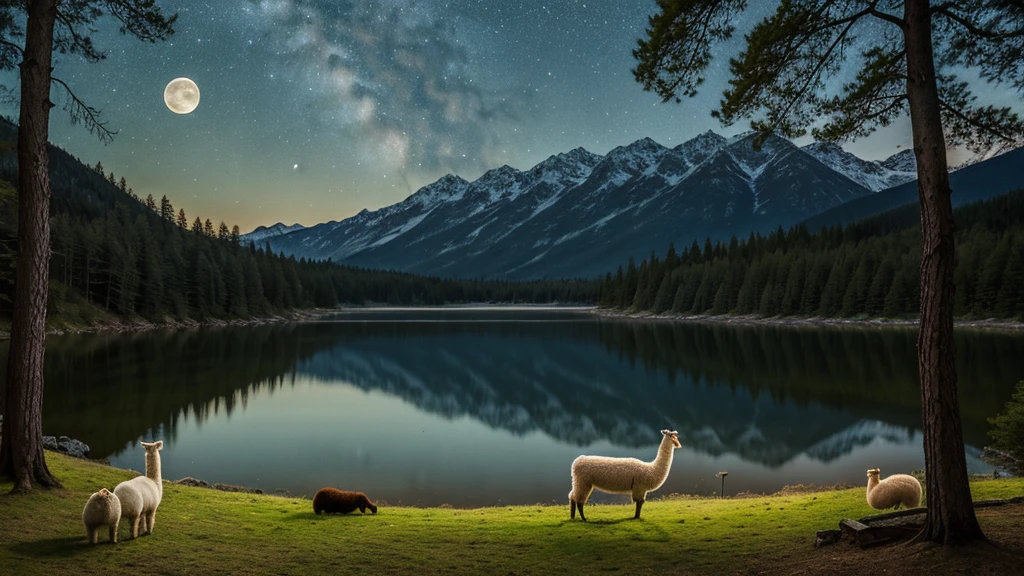 ((best quality)), ((masterpiece)), (detailed), full moon night, in the wood with a lake, alpaca sleeping, landscape