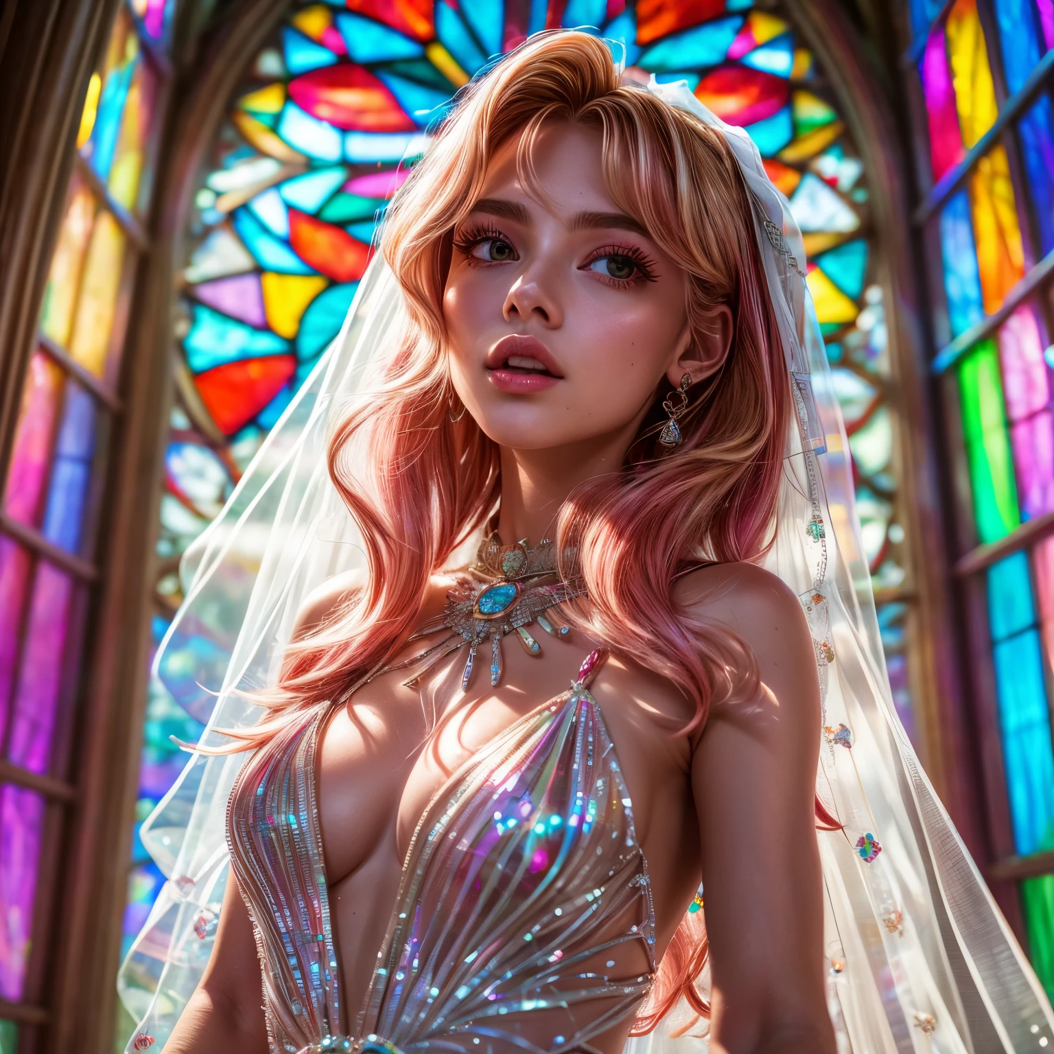 RubyRed, ZoomLayer, TopQuality 8K masterpiece of ((Professional photo)), (((Clarisse de Cagliostro))) (Detailed White WeddingDresses), Chain, Closeup of (Extremely detailed KAWAII face) {VeiledFace|BlondeHair|BuleEyes}, The background is distant ((Elaborate stained glass)) Rainbow Glass, {MysticSight|EnchantingAtmosphere|(GodRays)|TyndallEffect}, Radiant PearlSkin with Transparency, (Exposed:0.38)