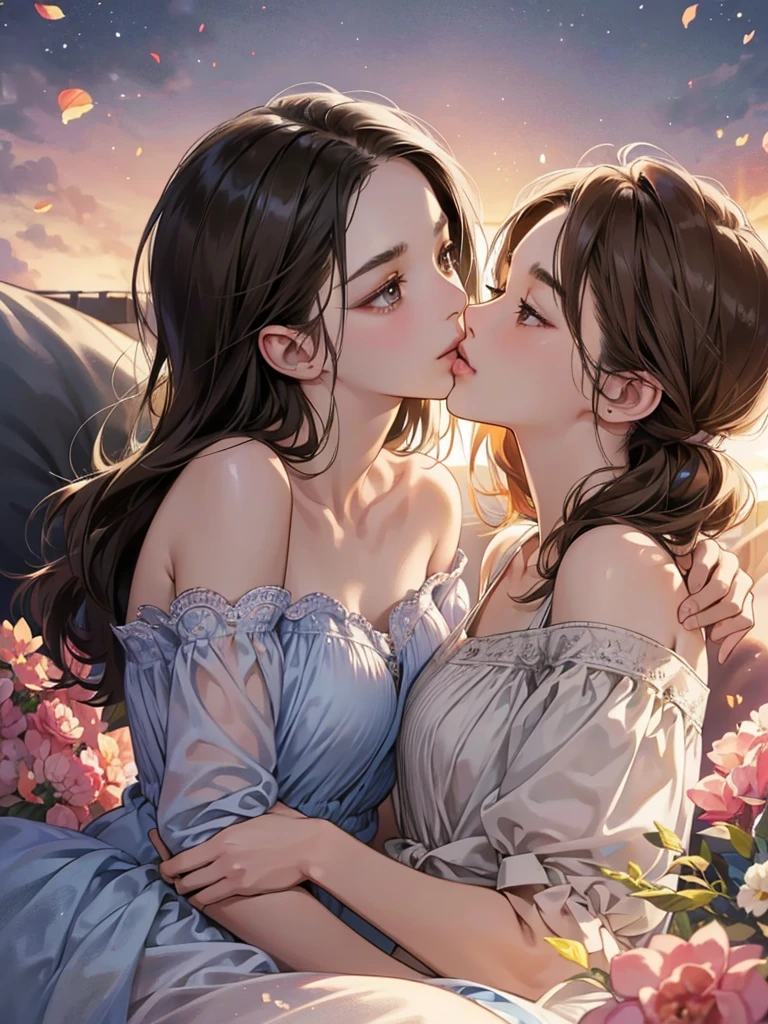 (masutepiece, Digital Art, Digital Illustration, 4K, 8K, Ultra-detailed, beautiful image, Sharp Image, Photorealistic, Raw photo, Perfect face, Perfect lines, Perfect eyes, Soft lighting) , a couple, 1 girl 1 boy, Hair color is different, Medium brown hair and brown eyes, Short black hair and gray eyes, Romance, Lie on the ground, the kiss、Kissing、couple kissing、a couple、Lip touch