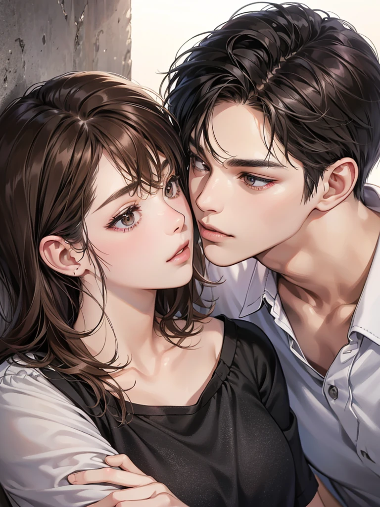 (masutepiece, Digital Art, Digital Illustration, 4K, 8K, Ultra-detailed, beautiful image, Sharp Image, Photorealistic, Raw photo, Perfect face, Perfect lines, Perfect eyes, Soft lighting) , a couple, 1 girl 1 boy, Hair color is different, Medium brown hair and brown eyes, Short black hair and gray eyes, Romance, Lie on the ground, the kiss、Kissing、couple kissing、a couple、Lip touch