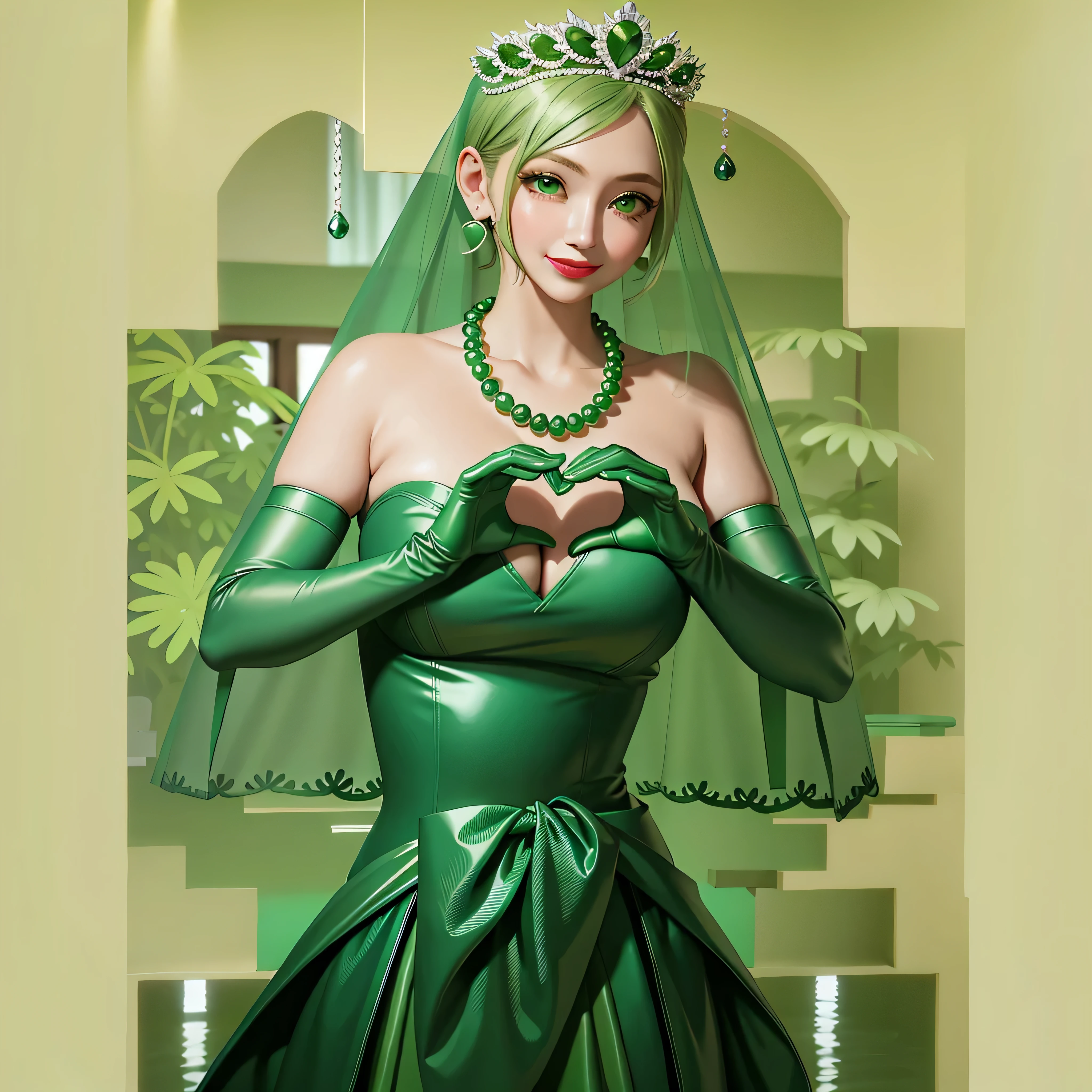 Emerald tiara, Green Pearl Necklace, Boyish very short green hair, Green Lips, Smiling Japanese woman, Very short hair, Busty beautiful lady, Green Eyes, Green satin long gloves, Green Eyes, Emerald Earrings, Green veil, Heart with both hands, Green Hair, Beautiful Japanese Women, Heart shaped hands:1.3, green lip gloss, Pregnant women